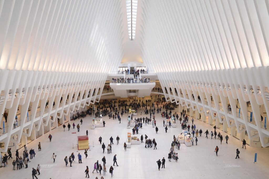 world trade center, building, people, interior, architecture, crowd, public, modern, terminal station, downtown, perspective, oculus, metro, metaverse, new york, manhattan, america, usa