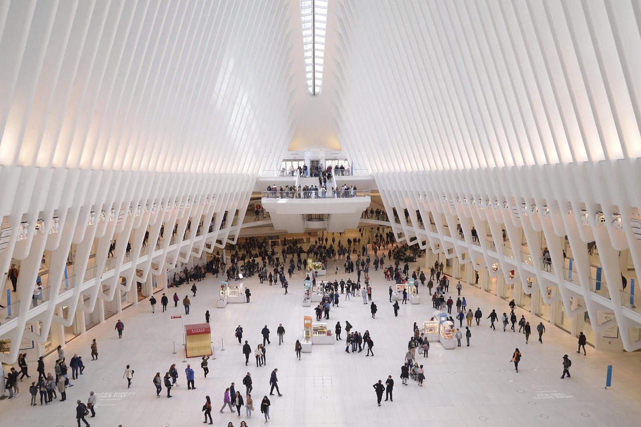 world trade center, building, people, interior, architecture, crowd, public, modern, terminal station, downtown, perspective, oculus, metro, metaverse, new york, manhattan, america, usa